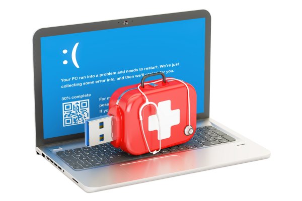 Advanced System Repair Features system optimizer open laptop red usb stick with first aid model cross on top